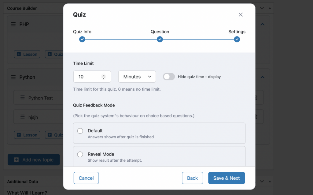 Tutor LMS quiz settings