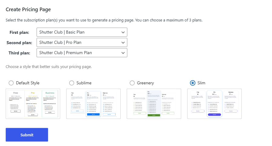 Pick a pricing page template