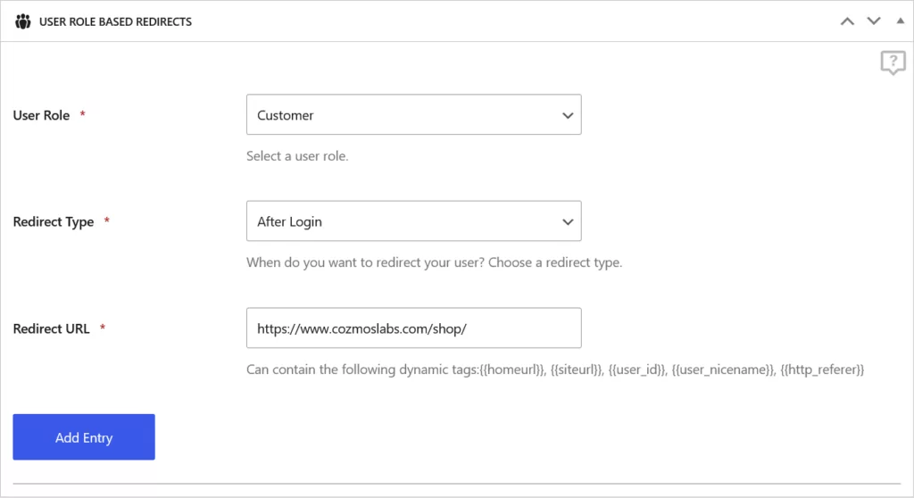 User Role based redirect setup