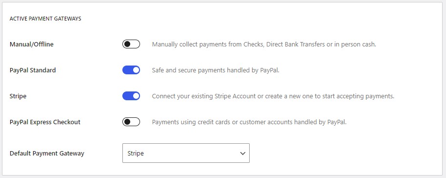 Active payment gateways with a WooCommerce subscription plugin