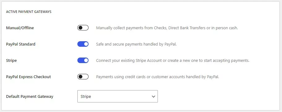 Active payment gateways with a WooCommerce subscription plugin