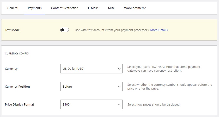 Payments settings in Paid Member Subscriptions