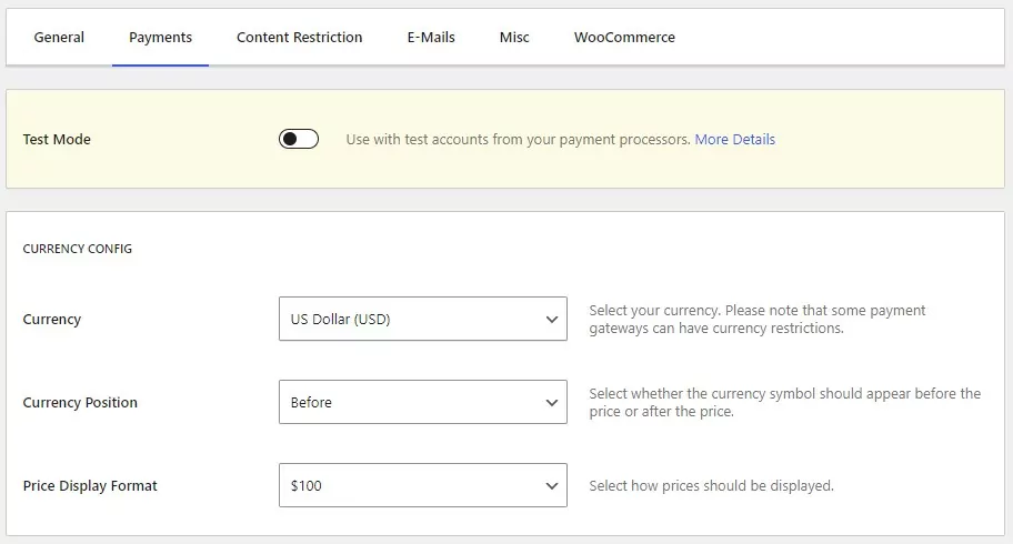 Payments settings in Paid Member Subscriptions