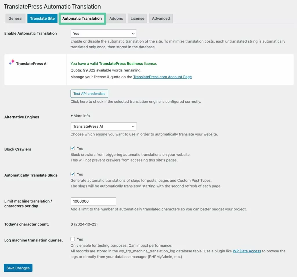 Automatic translation settings in the TranslatePress plugin