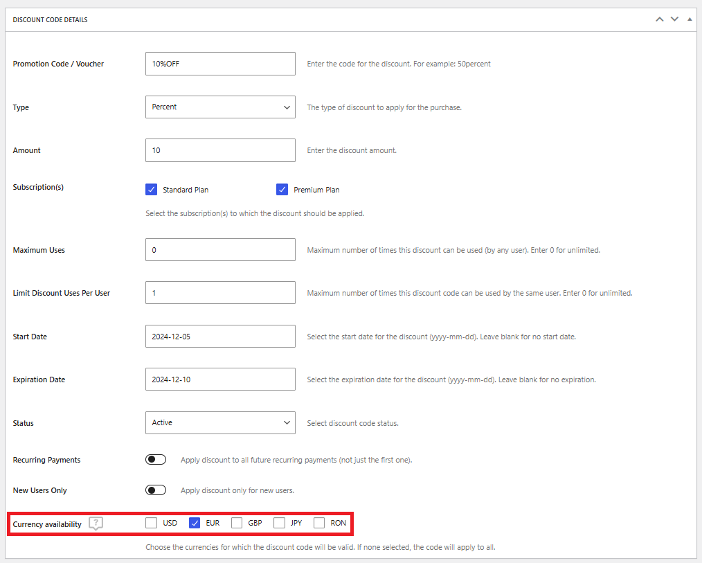 discount code settings for multiple currencies