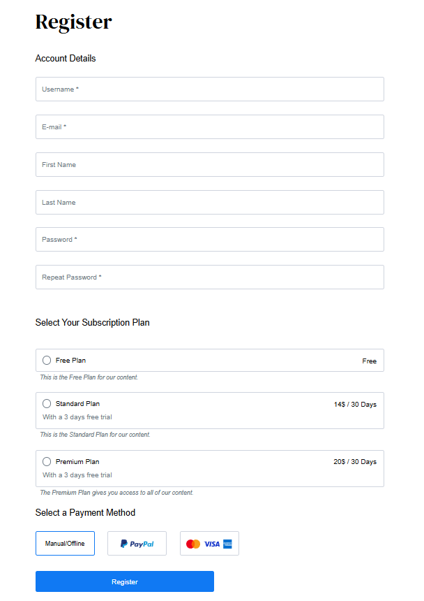 registration form membership website