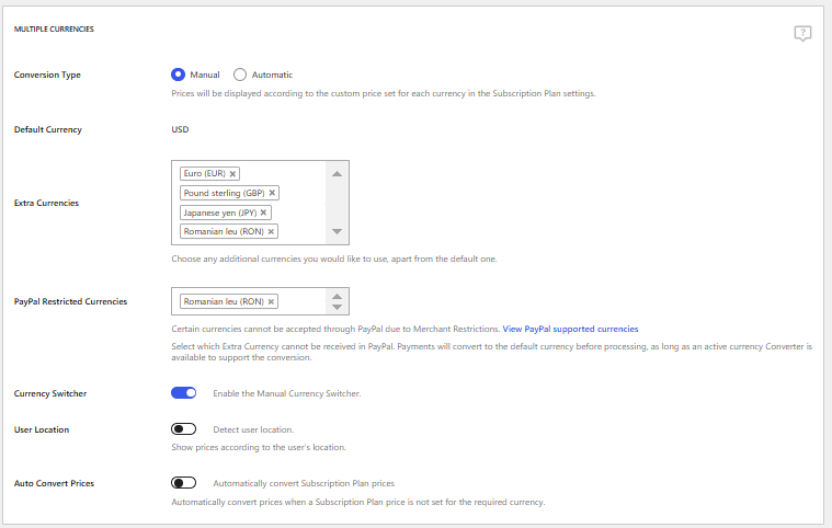 multiple currencies settings