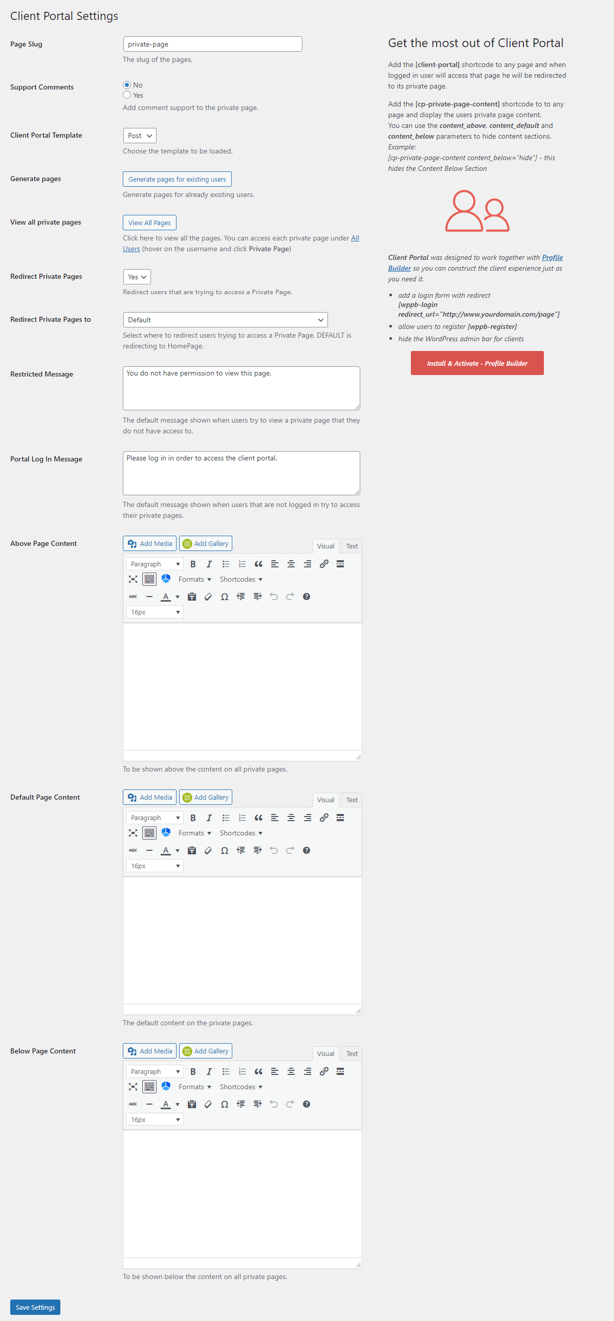 Client Portal plugin settings