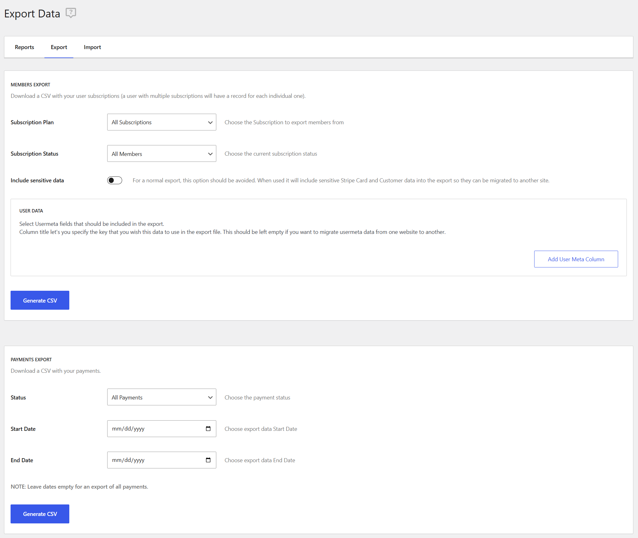 paid member subscriptions - Export functionality