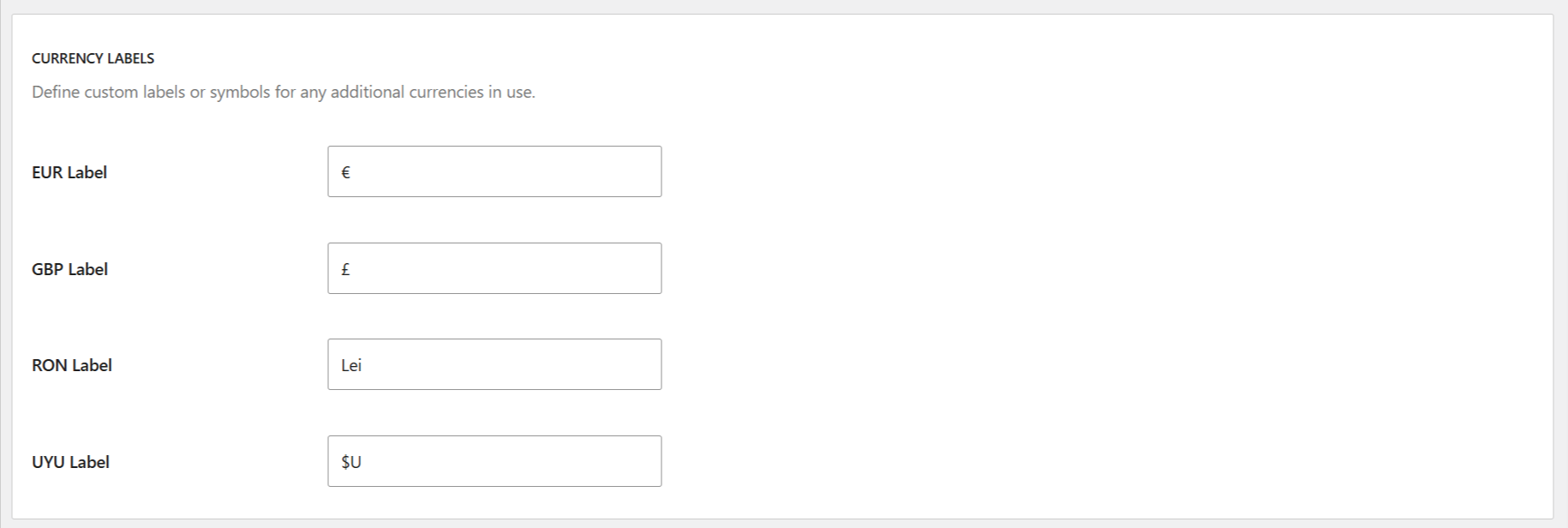 Multiple Currencies Settings - Currency Labels