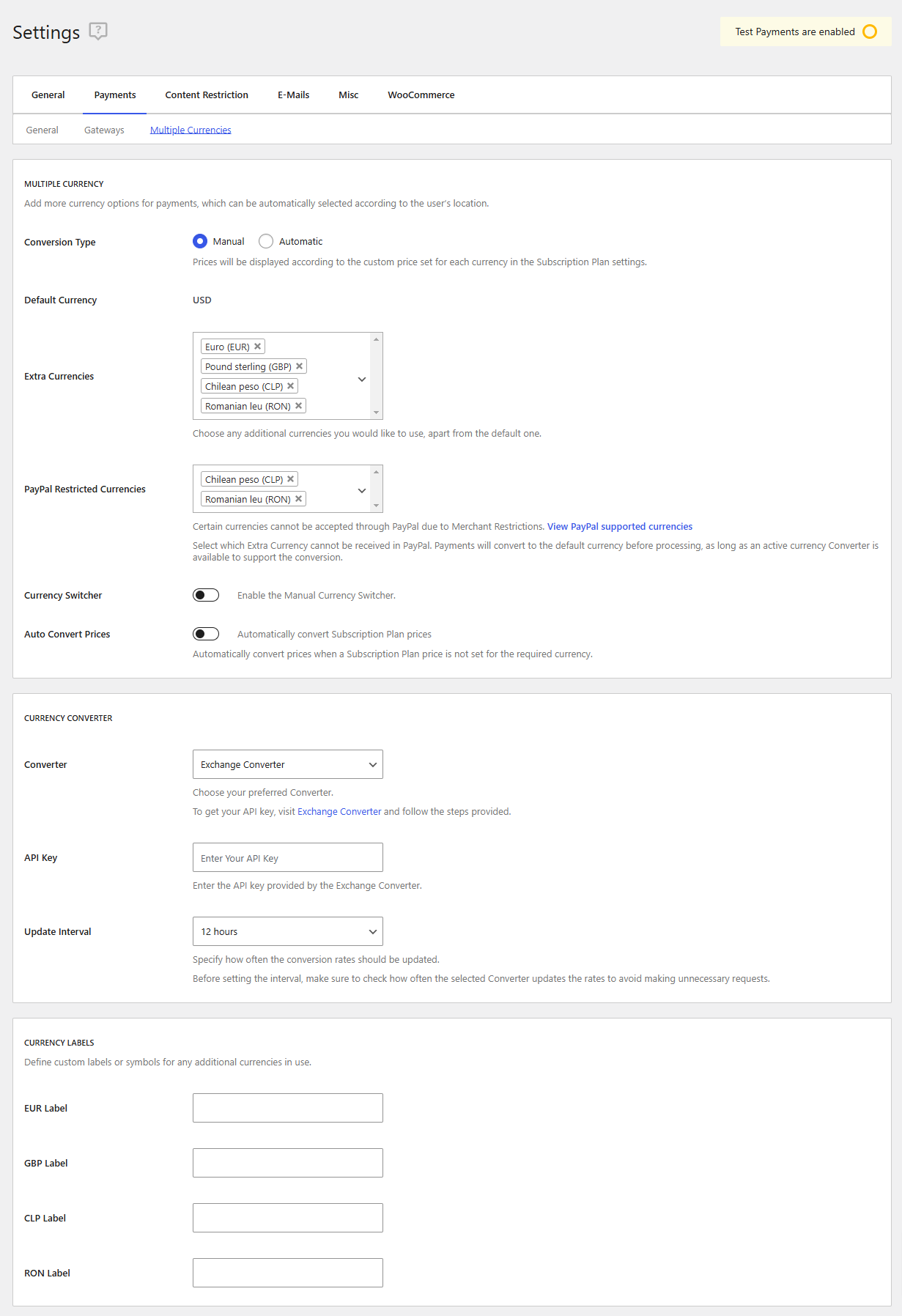 Multiple Currencies Settings