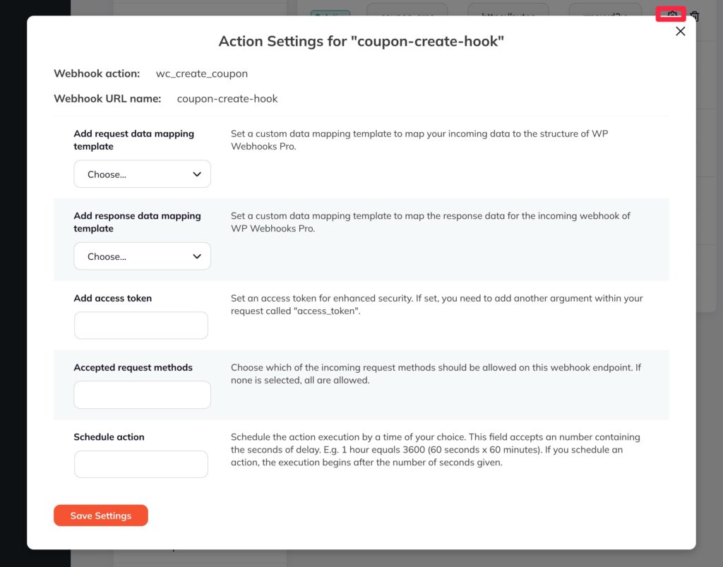 Customize the action settings for your webhook URL