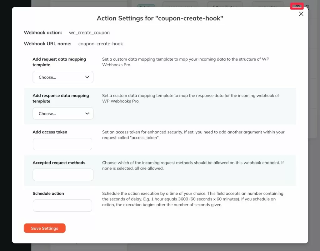Customize the action settings for your webhook URL
