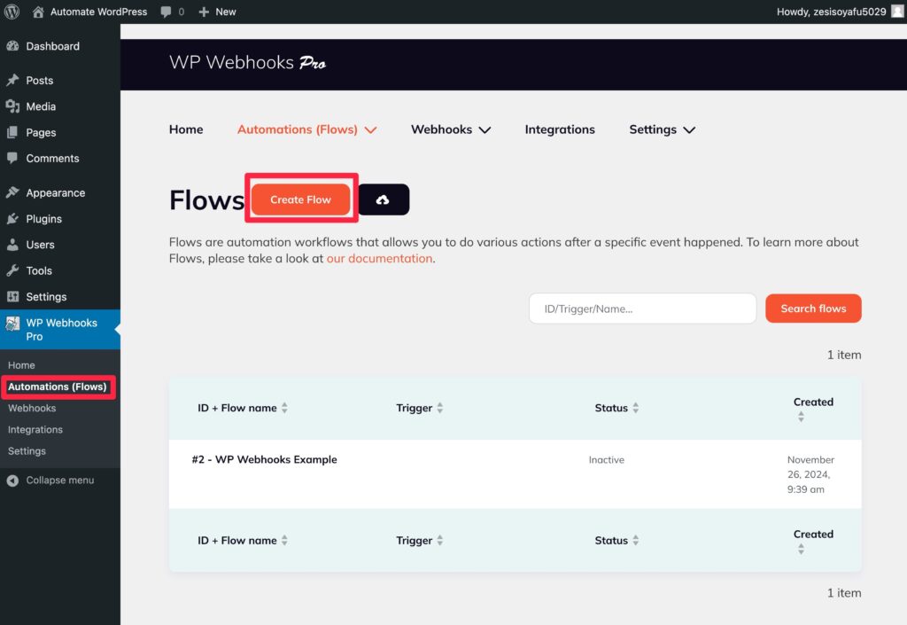 How to automate WordPress using a flow in WP Webhooks